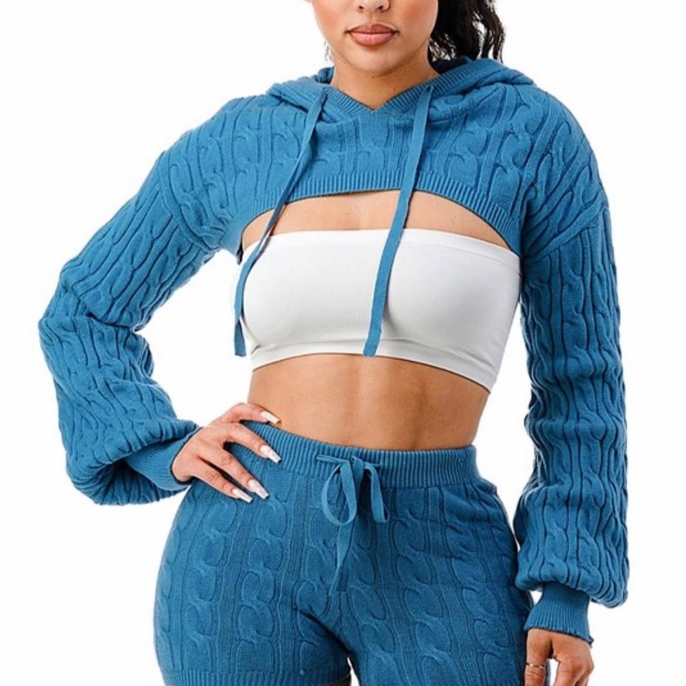 Blue Cable Knit Crop Hoodie